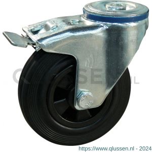 Protempo serie 01-12 zwenk transportwiel boutgat dubbele rem naloop stalen gaffel PP velg standaard zwarte rubberen band 125 mm rollager 201.122.120.500