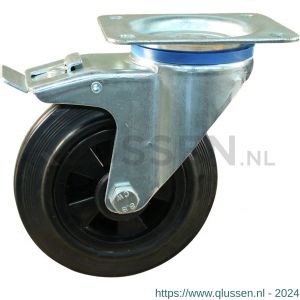 Protempo serie 01-12 zwenk transportwiel plaatbevestiging dubbele rem naloop stalen gaffel PP velg standaard zwarte rubberen band 125 mm rollager 201.122.126.550