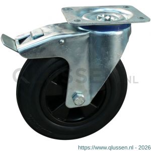 Protempo serie 01-15 zwenk transportwiel plaatbevestiging dubbele rem naloop stalen gaffel PP velg standaard zwarte rubberen band 180 mm rollager 201.182.156.500