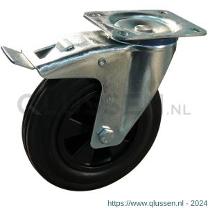 Protempo serie 01-12 zwenk transportwiel plaatbevestiging dubbele rem naloop stalen gaffel PP velg standaard zwarte rubberen band 200 mm glijlager 201.201.126.500