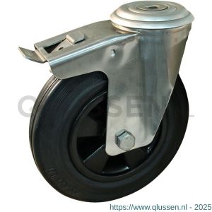 Protempo serie 01-30 zwenk transportwiel boutgat dubbele rem naloop RVS gaffel PP velg standaard zwarte rubberen band 200 mm glijlager 201.201.300.516