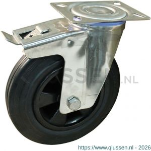 Protempo serie 01-30 zwenk transportwiel plaatbevestiging dubbele rem naloop RVS gaffel PP velg standaard zwarte rubberen band 200 mm glijlager 201.201.306.500