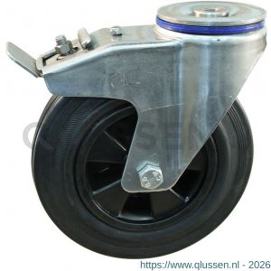Protempo serie 01-31 zwenk transportwiel boutgat dubbele rem naloop RVS gaffel PP velg standaard zwarte rubberen band 200 mm glijlager 201.201.310.512
