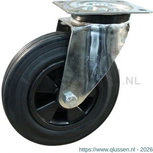 Protempo serie 01-31 zwenk transportwiel plaatbevestiging RVS gaffel PP velg standaard zwarte rubberen band 200 mm glijlager 201.201.316.000