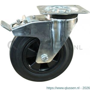 Protempo serie 01-31 zwenk transportwiel plaatbevestiging dubbele rem naloop RVS gaffel PP velg standaard zwarte rubberen band 200 mm glijlager 201.201.316.500
