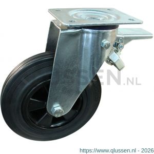 Protempo serie 01-12 zwenk transportwiel plaatbevestiging dubbele rem voorloop stalen gaffel PP velg standaard zwarte rubberen band 225 mm rollager 201.222.126.300