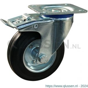 Protempo serie 02-12 zwenk transportwiel plaatbevestiging dubbele rem naloop stalen gaffel stalen velg standaard zwarte rubberen band 80 mm rollager 202.082.126.500