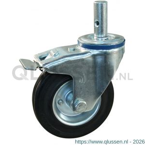 Protempo serie 02-12 zwenk transportwiel pen dubbele rem naloop stalen gaffel stalen velg standaard zwarte rubberen band 125 mm rollager 202.122.125.520
