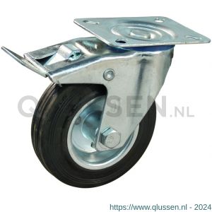 Protempo serie 02-13 zwenk transportwiel plaatbevestiging dubbele rem naloop stalen gaffel stalen velg standaard zwarte rubberen band 125 mm rollager 202.122.136.500