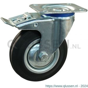 Protempo serie 02-12 zwenk transportwiel plaatbevestiging dubbele rem naloop stalen gaffel stalen velg standaard zwarte rubberen band 125 mm 202.124.126.500