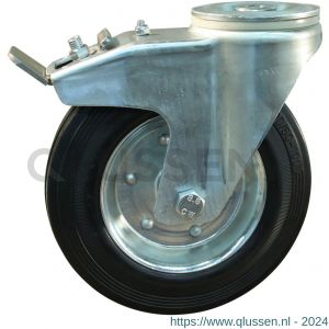 Protempo serie 01-91 zwenk transportwiel boutgat dubbele rem naloop stalen gaffel stalen velg standaard zwarte rubberen band 180 mm rollager 202.182.910.500