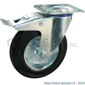 Protempo serie 02-12 zwenk transportwiel plaatbevestiging dubbele rem naloop stalen gaffel stalen velg standaard zwarte rubberen band 200 mm glijlager 202.201.126.500