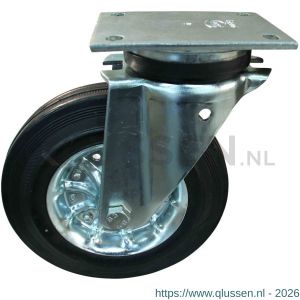 Protempo serie 02-14 zwenk transportwiel plaatbevestiging stalen gaffel stalen velg standaard zwarte rubberen band 200 mm glijlager 202.201.146.000