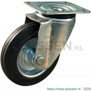 Protempo serie 01-11 zwenk transportwiel plaatbevestiging stalen gaffel stalen velg standaard zwarte rubberen band 200 mm rollager 202.202.116.000