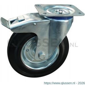 Protempo serie 02-15 zwenk transportwiel plaatbevestiging dubbele rem naloop stalen gaffel stalen velg standaard zwarte rubberen band 200 mm rollager 202.202.156.500