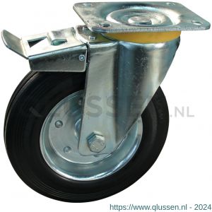 Protempo serie 02-16 zwenk transportwiel plaatbevestiging dubbele rem naloop stalen gaffel stalen velg standaard zwarte rubberen band 200 mm rollager 202.202.166.500