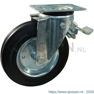Protempo serie 02-11 zwenk transportwiel plaatbevestiging dubbele rem voorloop stalen gaffel stalen velg standaard zwarte rubberen band 250 mm rollager 202.252.116.300