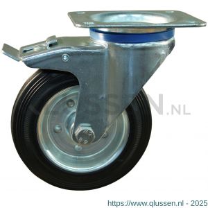 Protempo serie 02-12 zwenk transportwiel plaatbevestiging dubbele rem voorloop stalen gaffel stalen velg standaard zwarte rubberen band 250 mm rollager 202.252.126.300