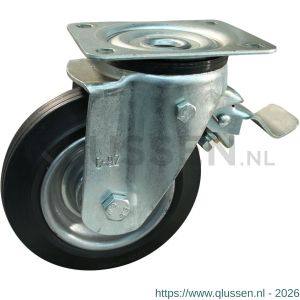 Protempo serie 02-11 zwenk transportwiel plaatbevestiging dubbele rem voorloop stalen gaffel stalen velg standaard zwarte rubberen band 250 mm kogellager 202.256.116.300