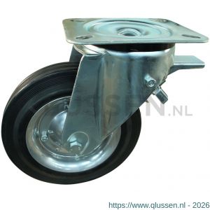 Protempo serie 02-91 zwenk transportwiel plaatbevestiging dubbele rem voorloop stalen gaffel stalen velg standaard zwarte rubberen band 280 mm rollager 202.282.916.300