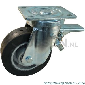 Protempo serie 04-18 zwenk transportwiel plaatbevestiging dubbele rem voorloop en stalen gaffel gietijzeren velg zwarte elastische rubberen band ± 70 shore A 125 mm kogellager 204.126.186.340