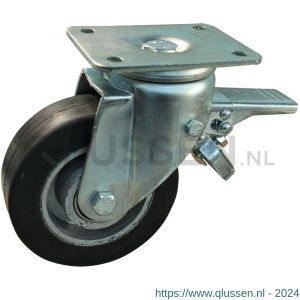 Protempo serie 04-19 zwenk transportwiel plaatbevestiging dubbele rem voorloop en stalen gaffel gietijzeren velg zwarte elastische rubberen band ± 70 shore A 125 mm kogellager 204.126.196.340