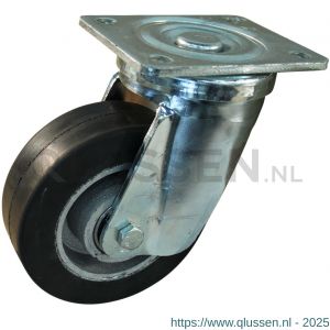 Protempo serie 04-18 zwenk transportwiel plaatbevestiging stalen gaffel gietijzeren velg zwarte elastische rubberen band ± 70 shore A 150 mm kogellager 204.156.186.050