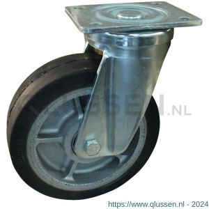 Protempo serie 04-18 zwenk transportwiel plaatbevestiging stalen gaffel gietijzeren velg zwarte elastische rubberen band ± 70 shore A 200 mm kogellager 204.206.186.060