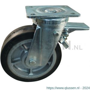 Protempo serie 04-18 zwenk transportwiel plaatbevestiging dubbele rem voorloop en stalen gaffel gietijzeren velg zwarte elastische rubberen band ± 70 shore A 200 mm kogellager 204.206.186.360