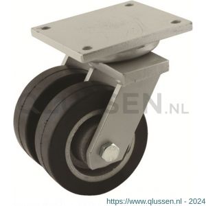 Protempo serie 04-21 zwenk transportwiel plaatbevestiging stalen gaffel gietijzeren velg zwarte elastische rubberen band ± 70 shore A zwenkwiel, dubbel 200 mm kogellager 204.206.216.060