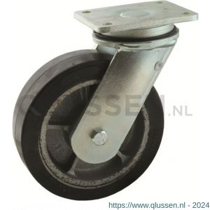 Protempo serie 04-22 zwenk transportwiel plaatbevestiging stalen gaffel gietijzeren velg zwarte elastische rubberen band ± 70 shore A 200 mm kogellager 204.206.226.060