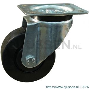 Protempo serie 05-91 zwenk transportwiel plaatbevestiging stalen gaffel zwarte PP velg zwarte elastische rubberen band ± 65 shore A 125 mm kogellager 205.126.916.000