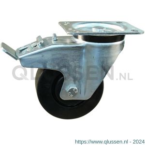 Protempo serie 05-91 zwenk transportwiel plaatbevestiging dubbele rem naloop en stalen gaffel zwarte PP velg zwarte elastische rubberen band ± 65 shore A 125 mm kogellager 205.126.916.500