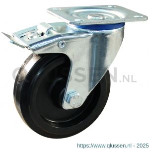 Protempo serie 07-12 zwenk transportwiel plaatbevestiging dubbele rem naloop stalen gaffel zwarte PA velg zwarte elastische rubberen band ± 70 shore A 80 mm rollager 207.082.126.500