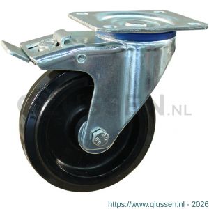 Protempo serie 07-12 zwenk transportwiel plaatbevestiging dubbele rem naloop stalen gaffel zwarte PA velg zwarte elastische rubberen band ± 70 shore A 100 mm rollager 207.102.126.508