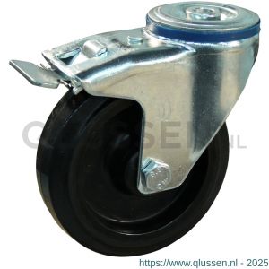 Protempo serie 07-12 zwenk transportwiel boutgat dubbele rem naloop stalen gaffel zwarte PA velg zwarte elastische rubberen band ± 70 shore A 125 mm rollager 207.122.120.500