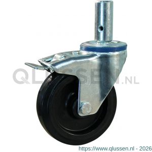 Protempo serie 07-12 zwenk transportwiel pen dubbele rem naloop stalen gaffel zwarte PA velg zwarte elastische rubberen band ± 70 shore A 125 mm rollager 207.122.125.527