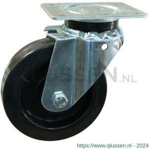 Protempo serie 07-14 zwenk transportwiel plaatbevestiging stalen gaffel zwarte PA velg zwarte elastische rubberen band ± 70 shore A 125 mm rollager 207.122.146.000