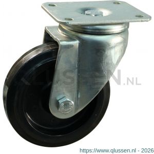 Protempo serie 07-19 zwenk transportwiel plaatbevestiging stalen gaffel zwarte PA velg zwarte elastische rubberen band ± 70 shore A 125 mm rollager 207.122.196.000