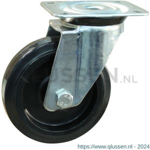 Protempo serie 07-91 zwenk transportwiel plaatbevestiging stalen gaffel zwarte PA velg zwarte elastische rubberen band ± 70 shore A 125 mm rollager 207.122.916.200