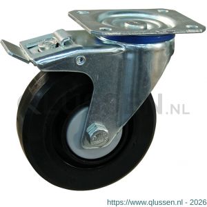 Protempo serie 07-12 zwenk transportwiel plaatbevestiging dubbele rem naloop stalen gaffel zwarte PA velg zwarte elastische rubberen band ± 70 shore A 125 mm kogellager 207.126.126.500