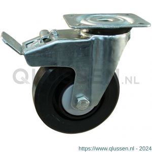 Protempo serie 07-91 zwenk transportwiel plaatbevestiging dubbele rem naloop stalen gaffel zwarte PA velg zwarte elastische rubberen band ± 70 shore A 125 mm kogellager 207.126.916.500