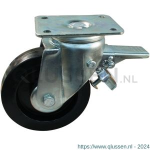 Protempo serie 07-19 zwenk transportwiel plaatbevestiging dubbele rem voorloop en stalen gaffel zwarte PA velg zwarte elastische rubberen band ± 70 shore A 160 mm rollager 207.162.196.308