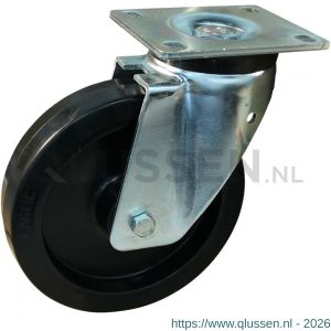 Protempo serie 07-19 zwenk transportwiel plaatbevestiging stalen gaffel zwarte PA velg zwarte elastische rubberen band ± 70 shore A 200 mm rollager 207.202.196.000