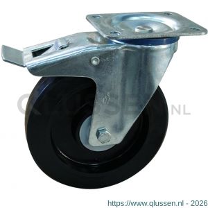 Protempo serie 07-12 zwenk transportwiel plaatbevestiging dubbele rem naloop stalen gaffel zwarte PA velg zwarte elastische rubberen band ± 70 shore A 200 mm kogellager 207.206.126.500
