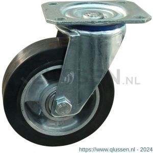 Protempo serie 10-10 zwenk transportwiel plaatbevestiging stalen gaffel aluminium velg zwarte elastische rubberen band ± 68 shore A 100 mm kogellager 210.106.106.000