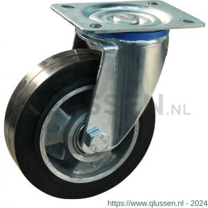 Protempo serie 10-12 zwenk transportwiel plaatbevestiging stalen gaffel wiel aluminium velg zwarte elastische rubberen band ± 68 shore A 100 mm kogellager 210.106.126.000