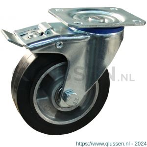 Protempo serie 10-12 zwenk transportwiel plaatbevestiging dubbele rem naloop en stalen gaffel aluminium velg zwarte elastische rubberen band ± 68 shore A 100 mm kogellager 210.106.126.500