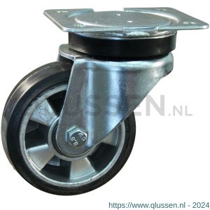 Protempo serie 10-14 zwenk transportwiel plaatbevestiging stalen gaffel wiel aluminium velg zwarte elastische rubberen band ± 68 shore A 100 mm kogellager 210.106.146.040