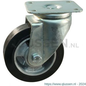 Protempo serie 10-19 zwenk transportwiel plaatbevestiging stalen gaffel wiel aluminium velg zwarte elastische rubberen band ± 68 shore A 100 mm kogellager 210.106.196.000